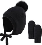 Basic Winter Baby Beanie Gloves Boys Girls Knitted Hat Pompom Kids Earflap Hats Warm Infant Toddler Beanie Mittens Set