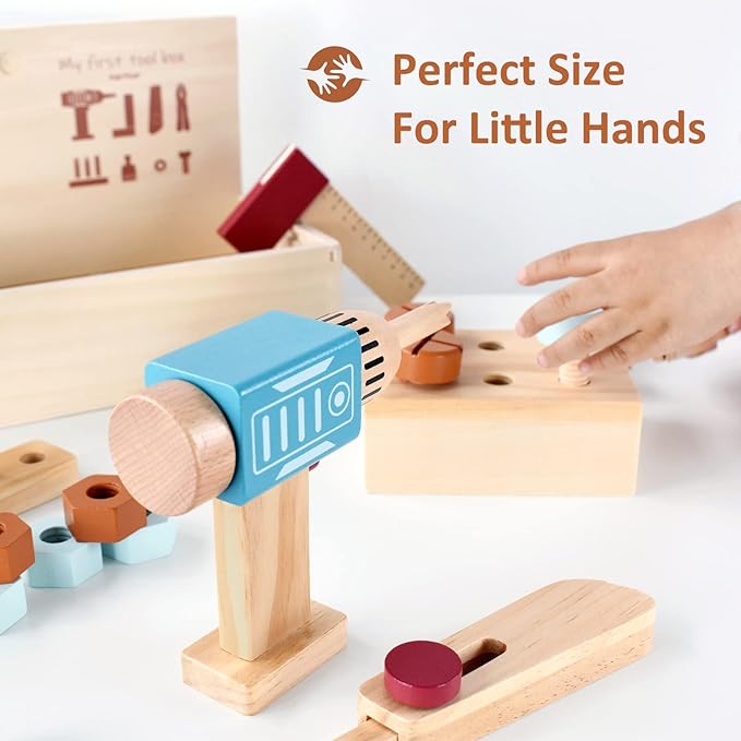 PairPear Kids Tool Set,Wooden Toy Tool Box with Toy Drill,Wooden Tool Kit Toddler Construction Toys Workbench Pretend Play Gift for Boys Girls 3 Years and Up.