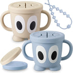 Silicone Snack Cups Food Container for Toddlers and Babies, Spill Proof Training Cup with Snack Cup Lid & Dust Proof Lid, Comes with a toy strap, Without BPA, Lead, or Phthalates (Ether&Beige)