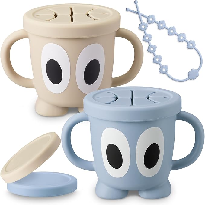 Silicone Snack Cups Food Container for Toddlers and Babies, Spill Proof Training Cup with Snack Cup Lid & Dust Proof Lid, Comes with a toy strap, Without BPA, Lead, or Phthalates (Ether&Beige)
