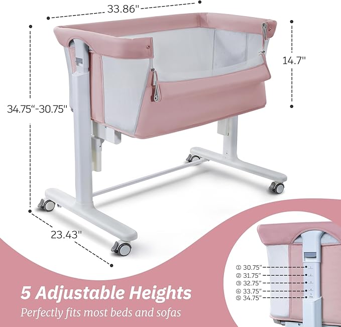 Electric Bassinet for Baby, 3 Speeds Automatic Rocking Bassinets with All mesh, 5 Height Adjustment Bedside Crib for Nweborn, 8 Music, Wheels, Pink