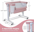 Electric Bassinet for Baby, 3 Speeds Automatic Rocking Bassinets with All mesh, 5 Height Adjustment Bedside Crib for Nweborn, 8 Music, Wheels, Pink