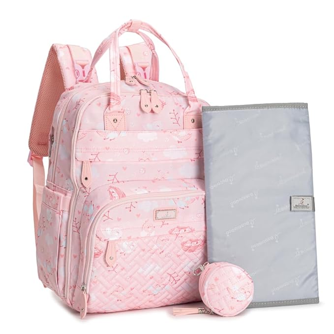 BabbleRoo Diaper Bag Backpack - Baby Essentials, Travel Essentials Baby Bag with Changing Pad, Stroller Straps & Pacifier Case - Unisex, Pink Birdy