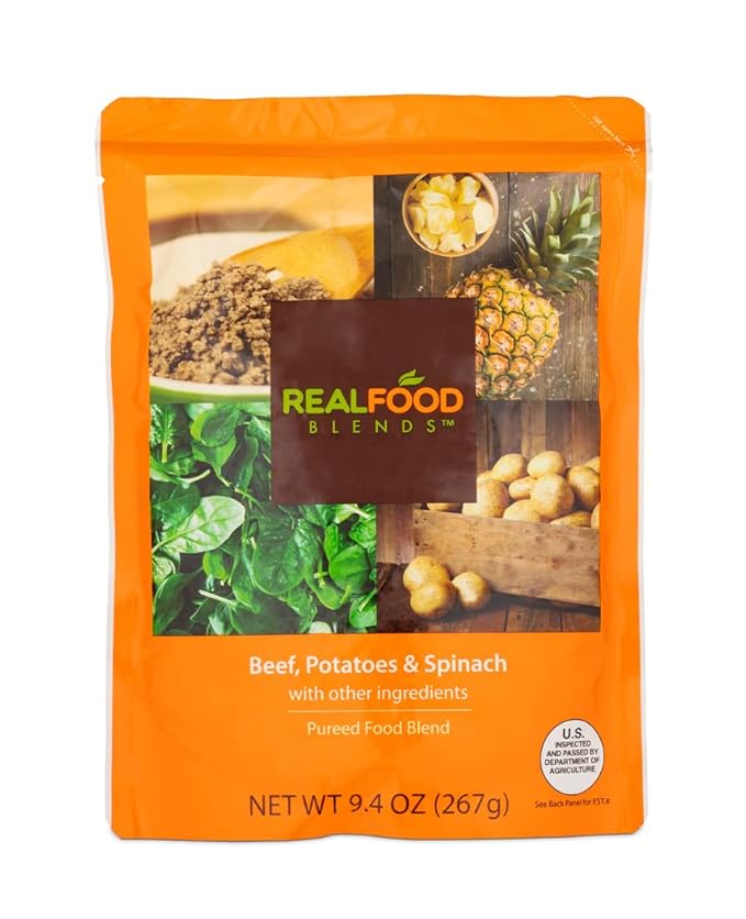 Real Food Blends Beef, Potatoes & Spinach - Pureed Food Meals for Tube Feeding with Protein, Vegetables & Fruits - 330 Calories for Lunch & Dinner - 9.4 oz (Pack of 12)