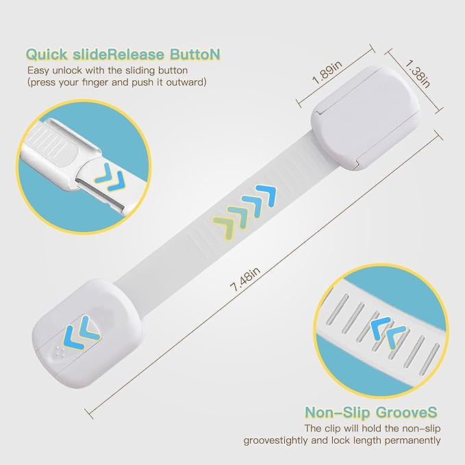 Cabinet Locks Baby Proofing No Drill, Door Locks for Kids Safety, Baby Safety Products Adjustable Strap Locks for Child & Toddlers, Drawer, Fridge, Oven Lock Child Safety 10 Pack with 3M Adhesives