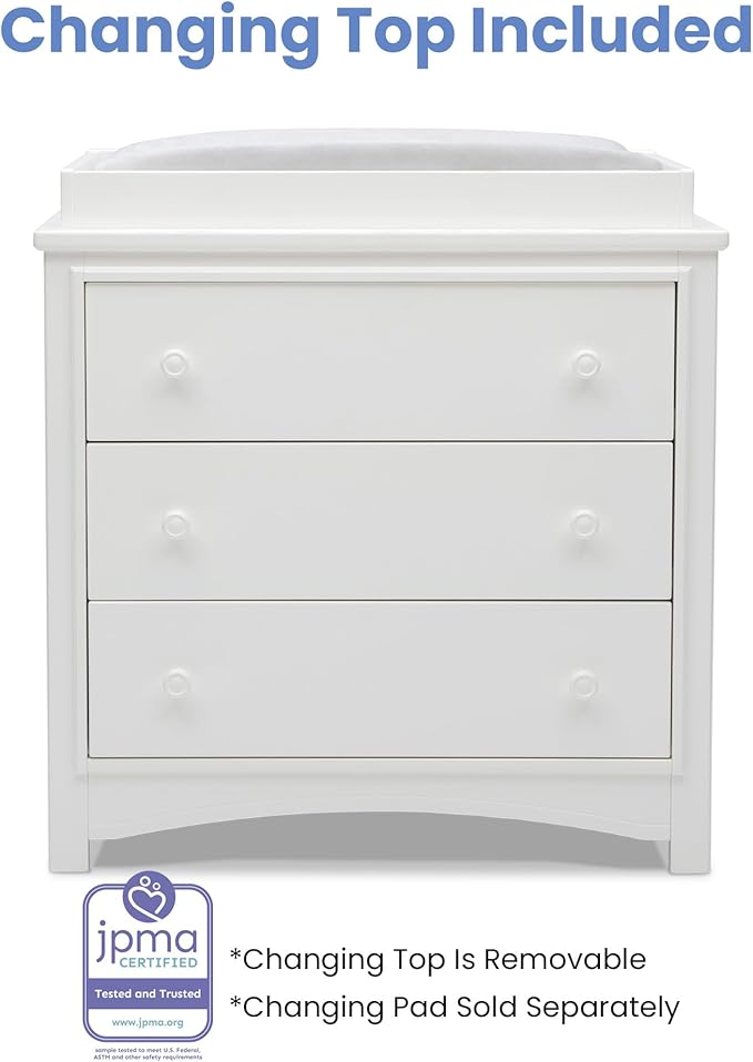 Delta Children Perry 3 Drawer Dresser with Changing Top and Interlocking Drawers, Bianca White