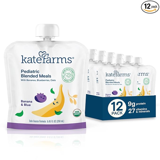 KATE FARMS Organic Pediatric Blended Meal, Bananas and Blueberries, 8g protein, organic whole foods, oral or tube feed nutrition, Gluten Free, Non-GMO, 8.45 oz (12 Pack)