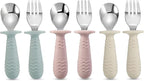 PandaEar 6 Pieces Baby Toddler Silicone Stainless Steel Utensils Silverware Spoon Fork for Baby Toddler BPA Free with Silicone Holding Anti-Choke Design (Blue Pink White)