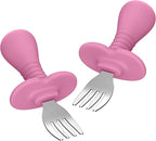 Baby Fork Toddler Forks for Self Feeding, Kids Forks with Silicone Round Handle, Stainless Steel Toddler Utensils Children Safe Silverware Set, Anti-Choke Design, BPA Free - Pink