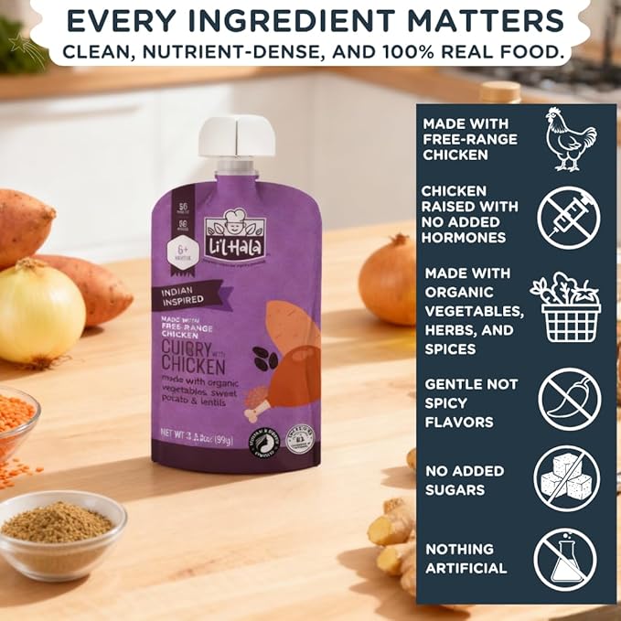Li’l Hala Curry Chicken Baby Food Pouches – Free-Range Chicken & Organic Veggies – Protein & Healthy Fats – Toddler Meat Puree Meals for 6+ Months – No Hormones – 3.5 oz (12 Pack)