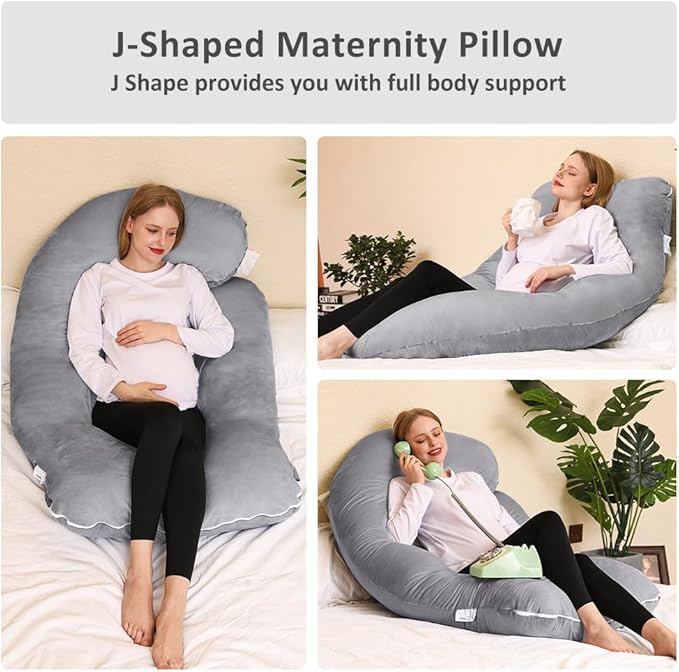 Chilling Home Memory Foam Pregnancy Pillow, J Shape Pregnancy Pillows for Sleeping, Body Pillow for Adults, Maternity Pillow for Pregnant Women, with Velvet Removable Cover, Light Grey