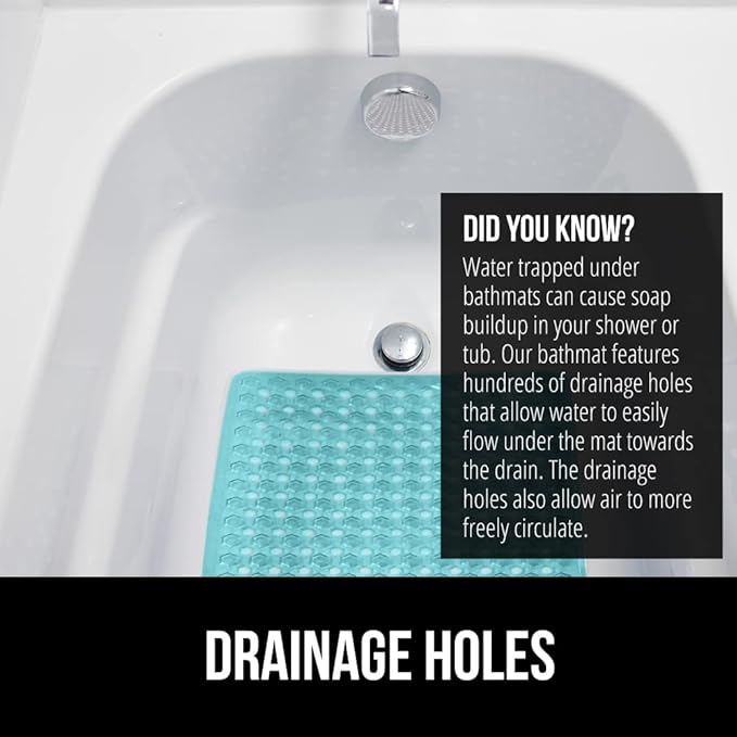 GORILLA GRIP Patented Bath Tub Shower Mat, Machine Washable Bathtub Floor Liner Mats, Suction Cups and Drain Holes to Keep Tubs Clean, Soft on Feet, Bathroom Essentials, 35x16 Inch, Clear Turquoise