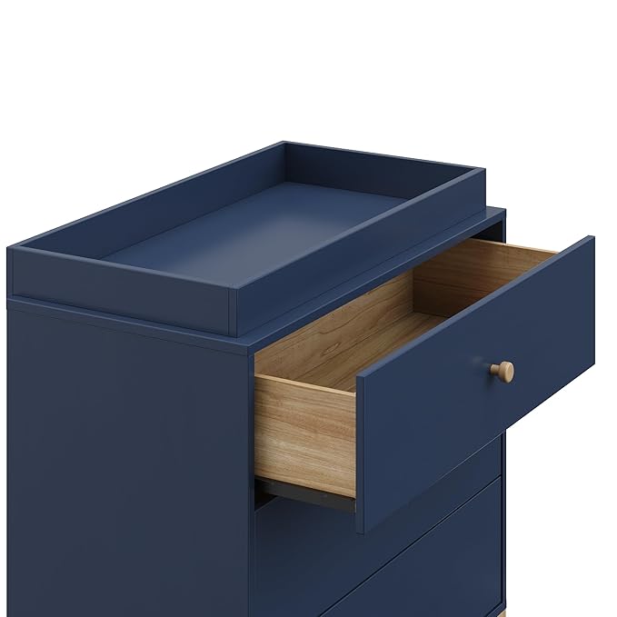 Storkcraft California 3-Drawer Chest with Removable Changing Topper (Midnight Blue with Driftwood) – GREENGUARD Gold Certified, Interlocking Drawer System, Pre-Installed Tracks, Easy Assembly