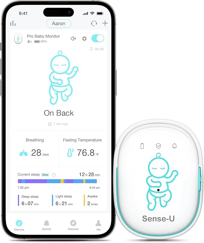 Sense-U Pro Baby Breathing Monitor with Arousal Vibration, Movement/Rollover/Overheating Alerts, Audible & App Notifications, Easy Clip-On Design, Smart Sleep Monitor