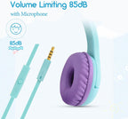Olyre Kids Headphones with MIC for School, 85dB Safe Volume Limited Light Up Cat Ear Headphones,Wired Cord On-Ear Headset for Children/Boys/Girls/Travel-Green/Purple