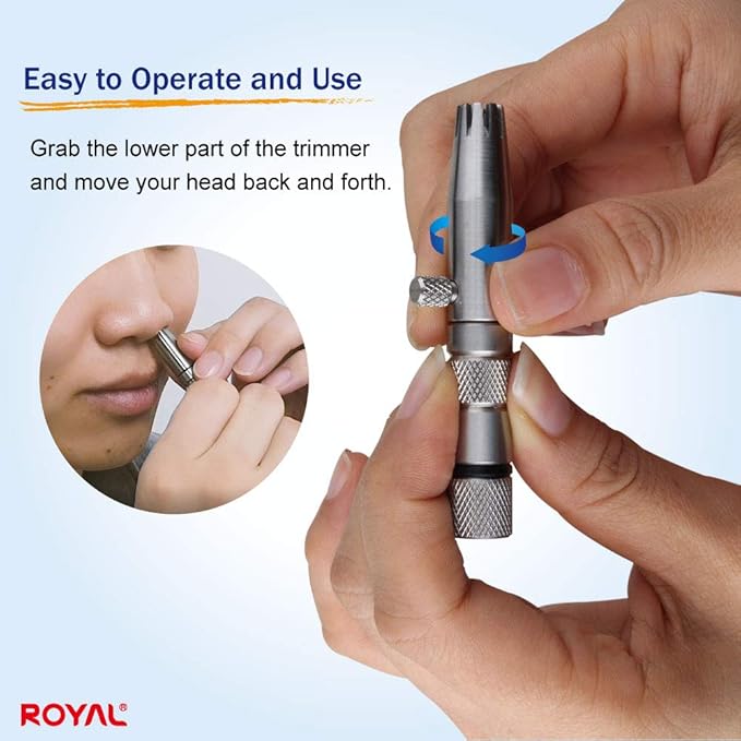 ROYAL [Made in Korea] Premium Manual Nose Hair Trimmer for Men Silver Bullet, Battery-Free, Stainless Steel Rotary Blade Grooming Tool, Waterproof, Safe & Painless with Patented Mechanism, ET-3