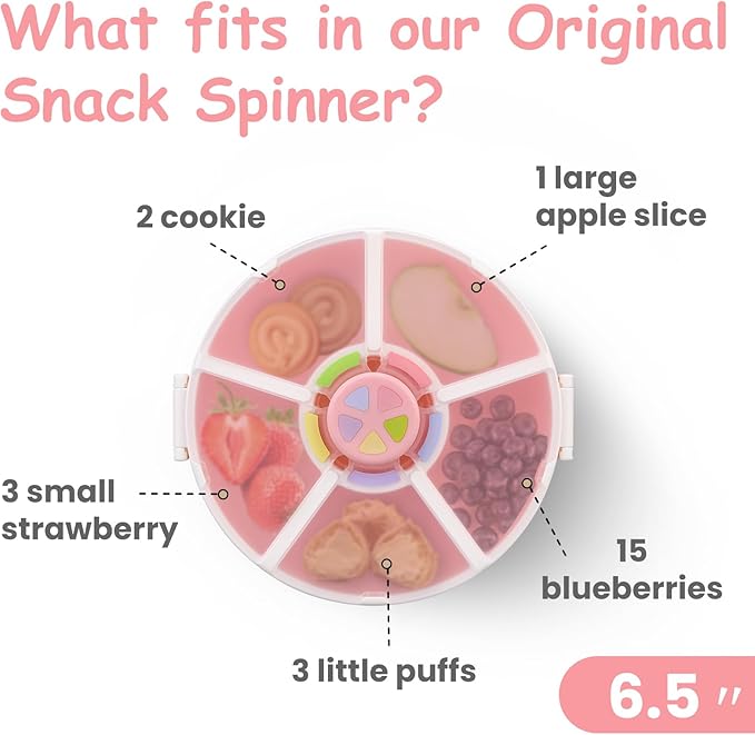 Kids Reusable Rotating Snack Container with 5 Separate Compartments, Color Matching Opening Lid, BPA/PVC-Free, Dishwasher Safe, Perfect for Travel, School Lunches & On-the-Go Snacking-Pink
