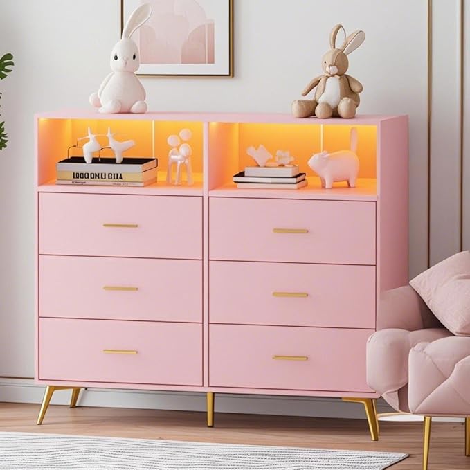 Dresser for Bedroom with 6 Drawers, Multi-Functional Nursery Dresser with LED Lights & Charging Station,Baby Changing Table Table with Diaper Changing Station