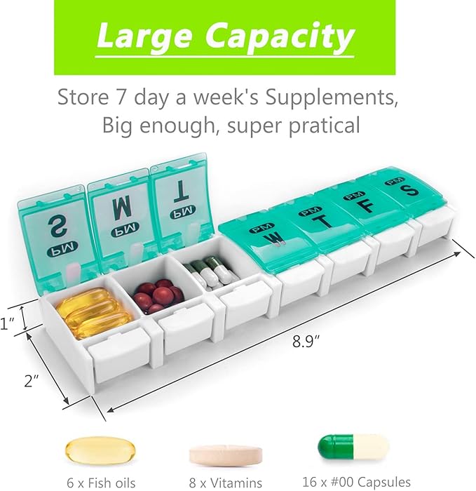 Extra Large Weekly Pill Organizer 2 Times a Day - Remtise Am/Pm Daily Pill Case Medicine Organizer, Push Button 7 Day Pill Box for Pills/Vitamin/Cod Liver Oil/Supplements (Cyan & Yellow)
