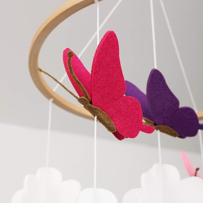 Sorrel + Fern Baby Crib Mobile - Butterflies in The Clouds Nursery Crib Decoration for Girls & Boys - Pink & Purple