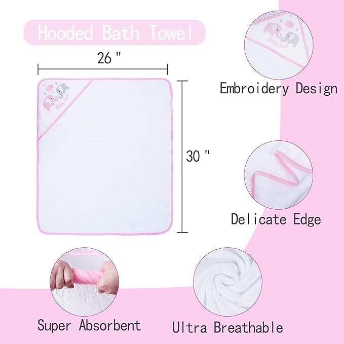 Viviland Baby Towels and Washcloths, Soft Absorbent Pink Baby Bath Towel Set, Elephant Hooded Towels with 5 Infant Face Washcloths (6 Pieces)