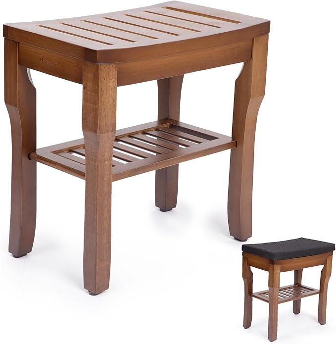 StrongTek Bamboo Shower Bench Seat with Cushion, Shower Stool with Storage Shelf, Lightweight, Non-Slip, Quick-Drain Design, 350 lbs Capacity, Ideal for Bathroom, Spa, Sauna, Living Room