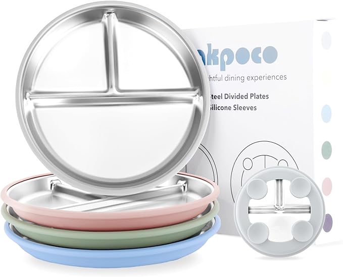 Stainless Steel Suction Plates for Toddlers, 9" Divided Kids Baby Plates with Removable Silicone Suction, Non Toxic Non Slip Portion Control Snack Dishes 4 Packs, Blue Green Gray Pink