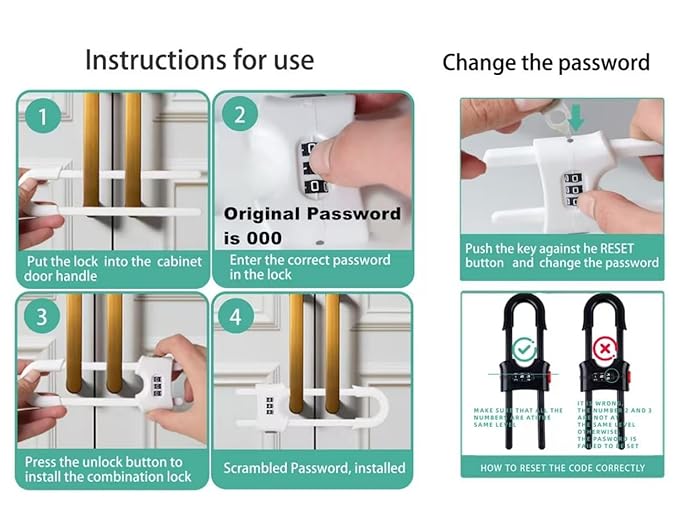 4 Pack Child Proof Sliding Cabinet Door Code Locks Baby Safety Cupboard Locks Adjustable U Shaped Cabinet Latches for Knob Handle Drawers Closet Plastic (4 PCS, White)
