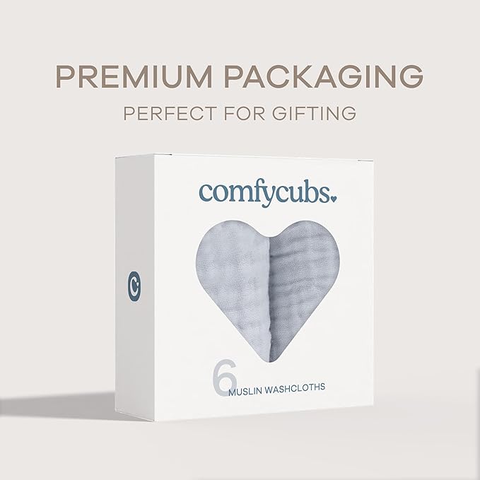 Comfy Cubs Muslin Baby Washcloths 6 Pack - Soft 6-Layer Cotton Wash Cloths for Sensitive Skin - 10"x10" Large, Gentle, Absorbent Infant Essentials for Newborn and Toddlers - Slate