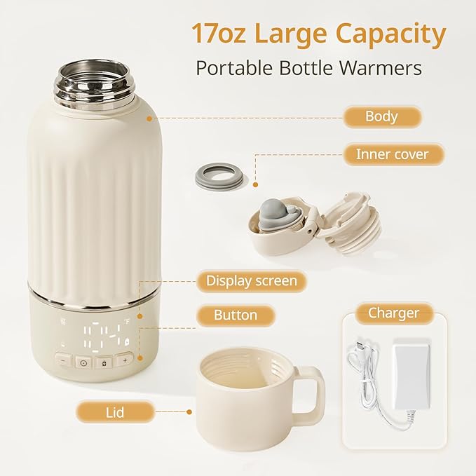 Snow Bear Portable Bottle Warmer for Travel, Fast Heating in 2.5 Mins for Breast Milk, 10200mAh Battery with LED Display, 17oz Large Capacity, Baby Bottle Warmer with Precise Temperature Control