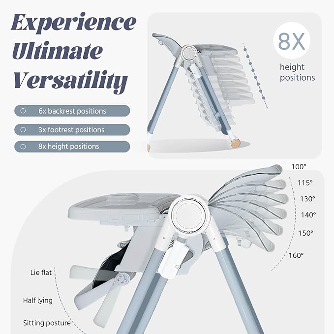 Multi Functional All in 1 Baby High Chair Swings for Infants Foldable Rocking 8 Level Height Adjustment Eco Friendly Washable PU Cushion Ultimate Baby Feeding Chair (Gray)