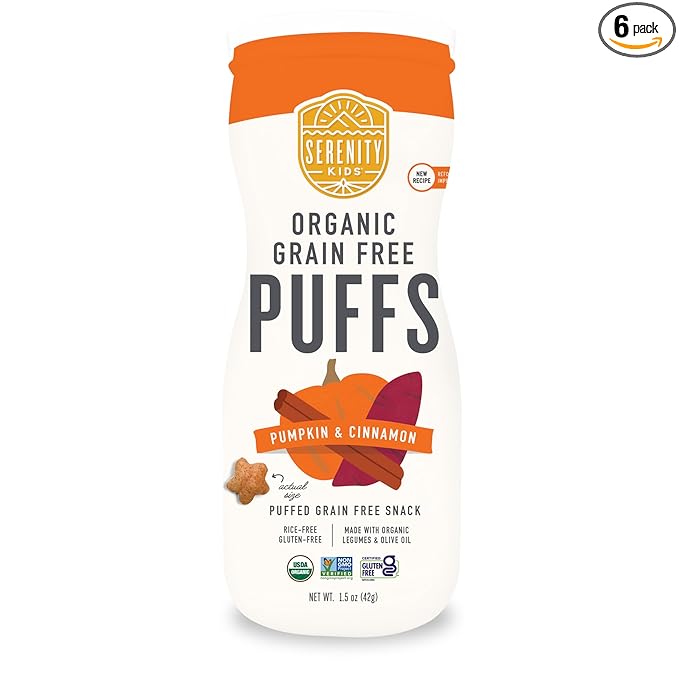 Serenity Kids 6+ Months Baby Puffs - Pack of 6, 1.5 oz, Pumpkin & Cinnamon - USDA Organic Grain Free Toddler Food - Nut, Rice & Gluten Free Snack with Veggies, Legumes & Olive Oil - Baby Essentials
