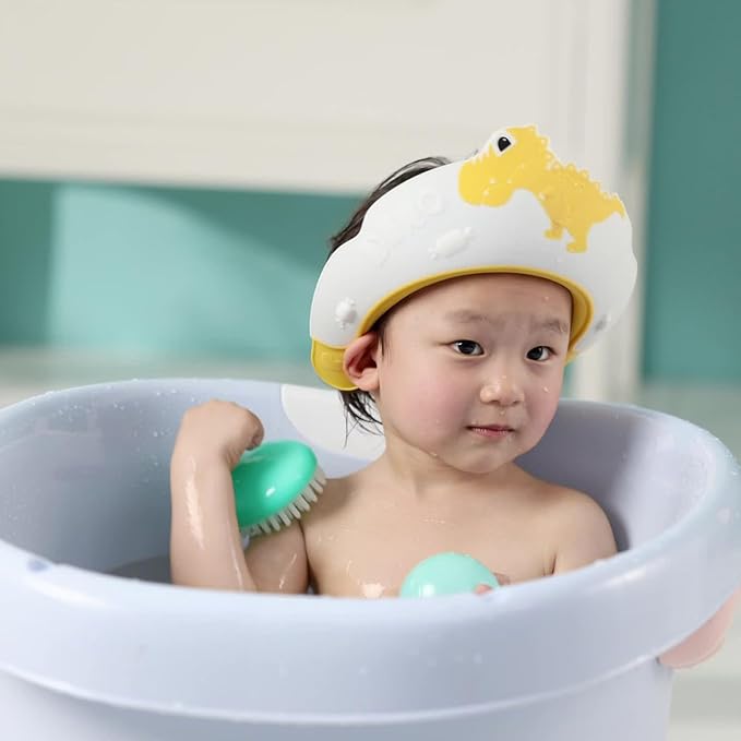 Baby Shower Cap Shield, Shower Cap for Kids, Visor Hat for Eye and Ear Protection for 0-9 Years Old Children,Cute Dinosaur/Crocodile/Hippo shape Makes the Baby Bath More Fun (Dinosaur, Yellow)