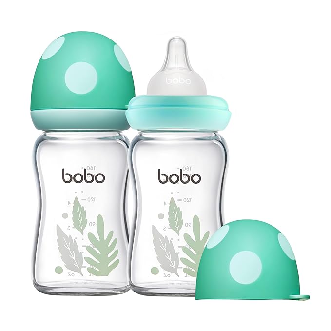 YOHKOH Natural Glass Baby Bottle with Natural Response Nipple, Newborn Anti-Colic Baby Bottles, Wide Neck Mushroom Cap Baby Bottle, Clear ((5.4oz (Pack of 2), Blue-A)