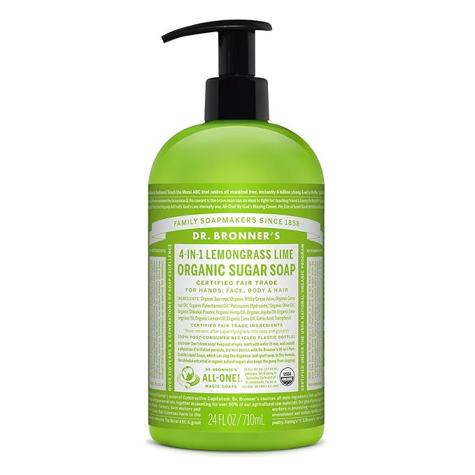 Dr. Bronner's - Organic Sugar Soap (Lemongrass, 24 Ounce) - Made with Organic Oils, Sugar and Shikakai Powder, 4-in-1 Uses: Hands, Body, Face and Hair, Cleanses, Moisturizes and Nourishes, Vegan