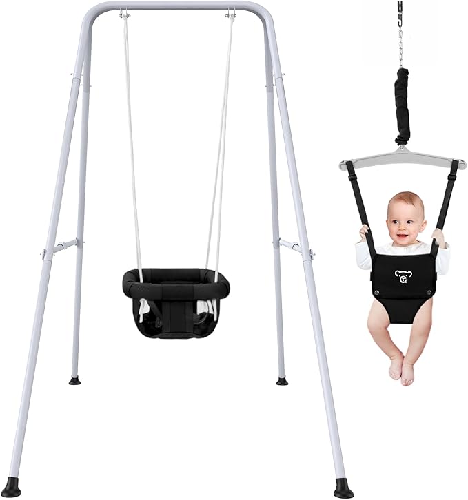 2 in 1 Baby Jumper with Swing - Indoor and Outdoor Use, Baby Jumpers and Bouncers, Toddler Swing with Foldable Stand（Black）