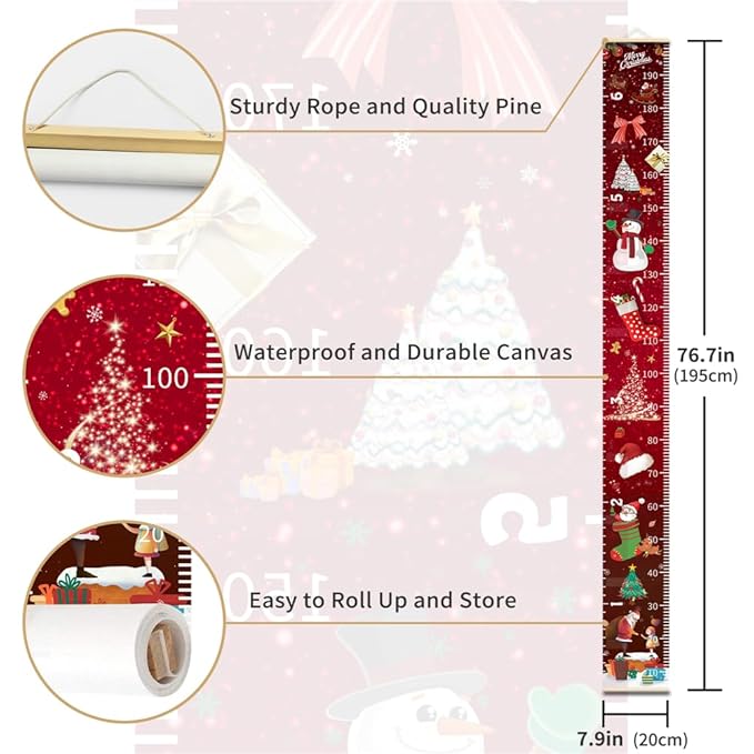 Christmas Baby Growth Chart for Wall, Height Chart for Kids, Xmas Kids Nursery Decor, Hanging Ruler Wall Decor, Kids Room Decor, Holiday Gifts for Boys Girls Toddlers - 76.7 x 7.9in with Black Wood