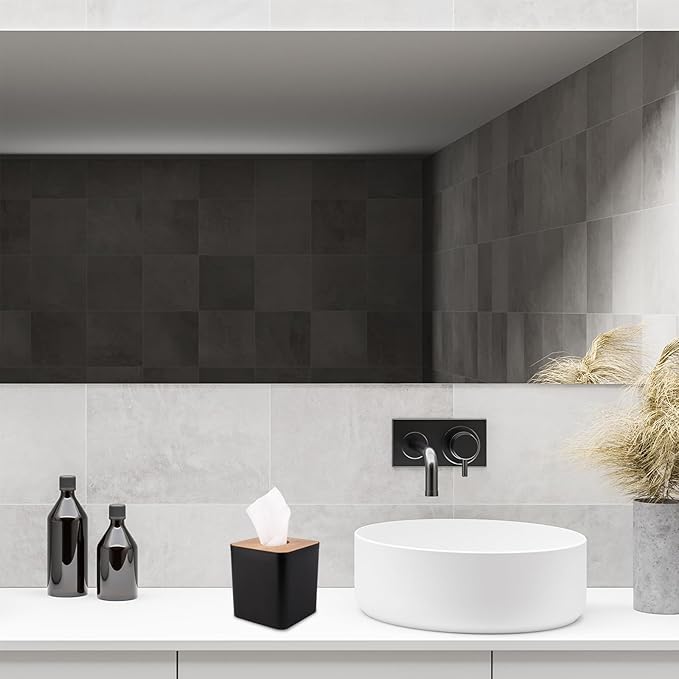 MOCHTERO Tissue Box Cover,Tissue Holders,Tissue Box Holder for Bathrooms,Bamboo Cover Plate,Home and Office,5 * 5 * 5.4in (Black)