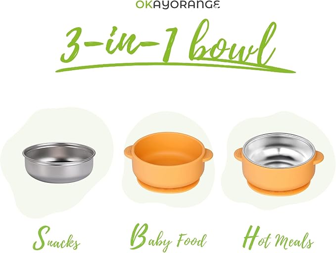 3 Pack Stainless Steel Toddler Suction Bowls for Baby Plates, 2-in-1 SUS304 Toddlers Bowl & Removable Silicone Suction Kids Bowl for Cereal | Snack | Anti-Scald Non-Toxic Suction Bowls