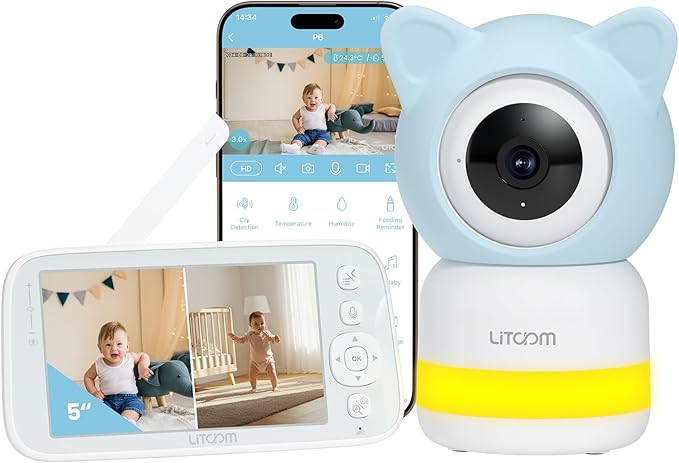 litokam 4MP Baby Monitor with Camera and Audio, 5-inch 1080P Split-Screen, No WiFi & 5G/2.4G WiFi, Remote Pan-Tilt-Zoom, Night Vision, VOX, Temperature Sensor, 2-Way Talk, 7 Lullabies, 1000ft Range