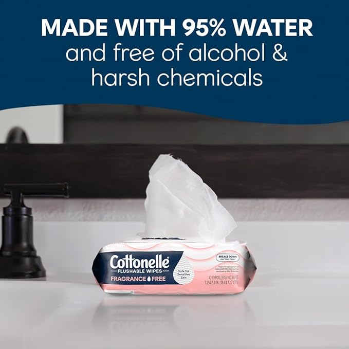 Cottonelle Fragrance Free Flushable Wet Wipes, Adult Wet Wipes, 8 Flip-Top Packs, 42 Wipes Per Pack