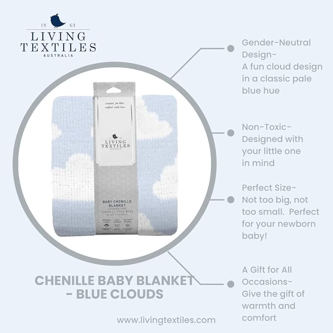 Living Textiles Blue Clouds Chenille Soft Baby Blanket Reversible Premium Cozy Fabric for Best Comfort - for Infant,Toddler,Newborn,Nursery,Boy,Unisex,Throw,Crib,Stroller,Gift, Blue Clouds 40x30