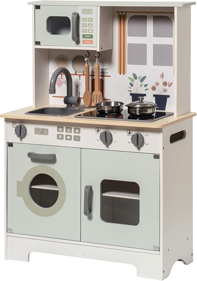 ROBOTIME Play Kitchen Set for Kids Toddlers, Wooden Kids Play Kitchen Playset with Real Lights & Sounds, Pretend Toddler Kitchen Gift for Girls Boys Age 3+