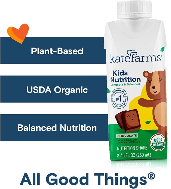 KATE FARMS Organic Kids Nutrition Chocolate Shake, 8g Protein, 27 Vitamins and Minerals, Meal Replacement, Gluten Free, Non-GMO, 8.45 oz (12 Pack)