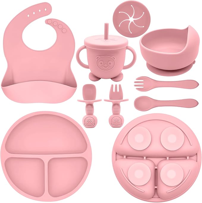 Silicone Baby Feeding Set | Baby Led Weaning Supplies Includes Suction Bowls and Divided Plates, Adjustable Bib, Baby Utensils Spoons and Forks,Cup | Baby Feeding Essentials (Pink)