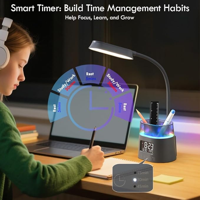 WILIT LED Desk Lamp for College Dorm Room Essentials, Students Study Lamp with Charging Station, Pen Holder, Clock & RGB Night Light, Office Desk Accessories, Table Lamp for Bedroom - Gray