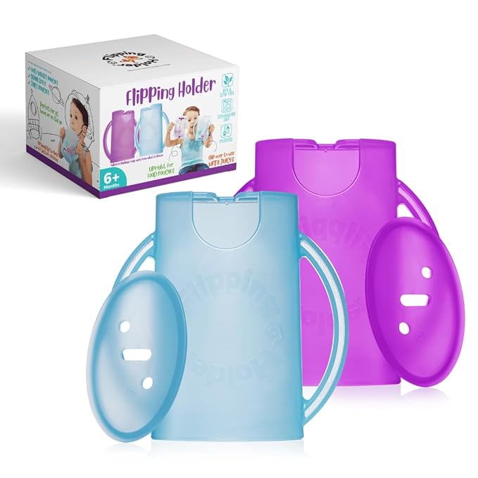 Flipping Holder with lid for Food Pouches & Juice Boxes - Multipurpose Design - Prevent Messes & Support Self-Feeding - Handles for Easy Grasping - Made in USA