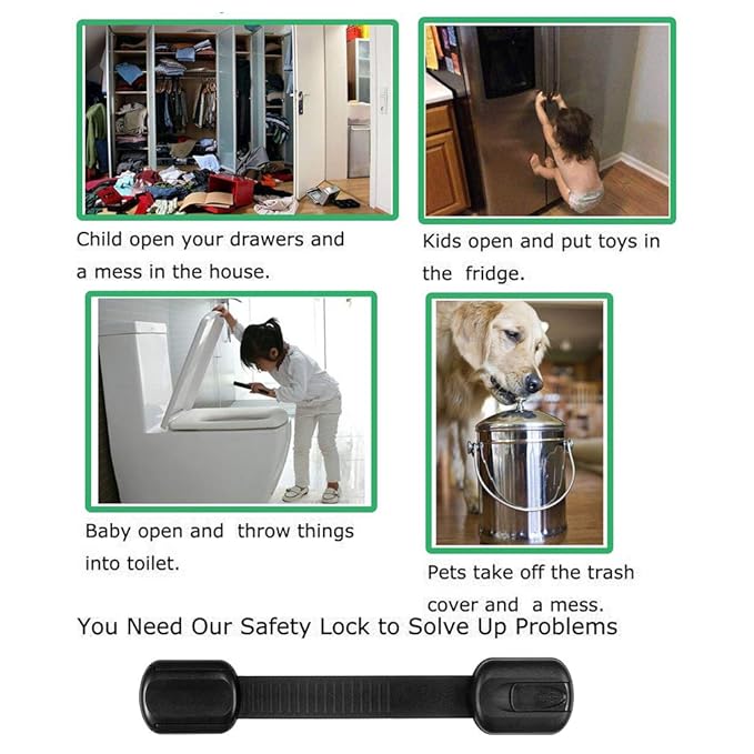 8 Pack Black Child/Baby Safety Cabinet Locks - Maveek Adjustable Strap Baby Proof Latches with No Trapped Fingers for Cupboard/Drawers/Closet/Toilet Seat/Oven and Fridge, Free 9 Extra Adhesive Pads