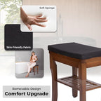 StrongTek Bamboo Shower Bench Seat with Cushion, Shower Stool with Storage Shelf, Lightweight, Non-Slip, Quick-Drain Design, 350 lbs Capacity, Ideal for Bathroom, Spa, Sauna, Living Room