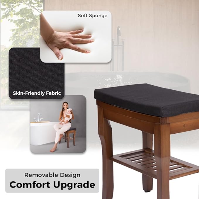 StrongTek Bamboo Shower Bench Seat with Cushion, Shower Stool with Storage Shelf, Lightweight, Non-Slip, Quick-Drain Design, 350 lbs Capacity, Ideal for Bathroom, Spa, Sauna, Living Room